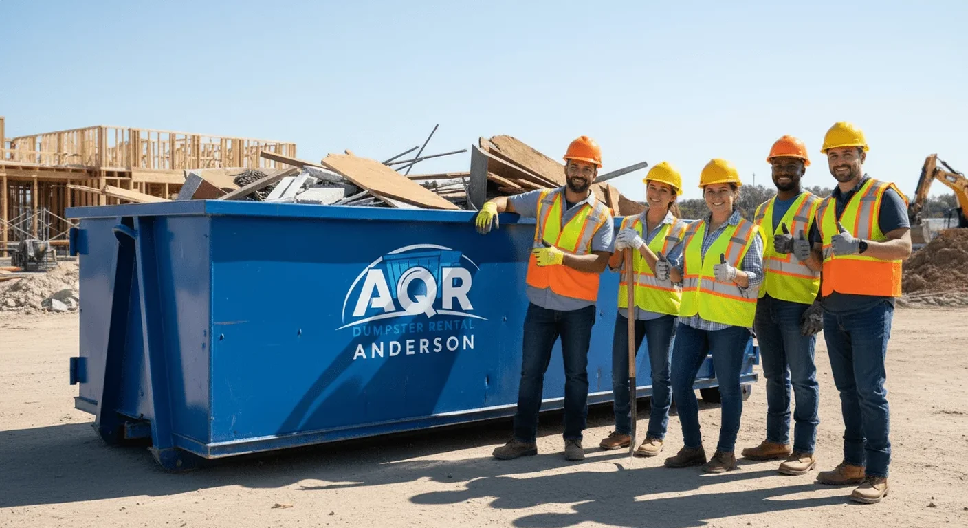 The AQR Dumpster Rental team talking through a job in front of the company yard sign in Anderson